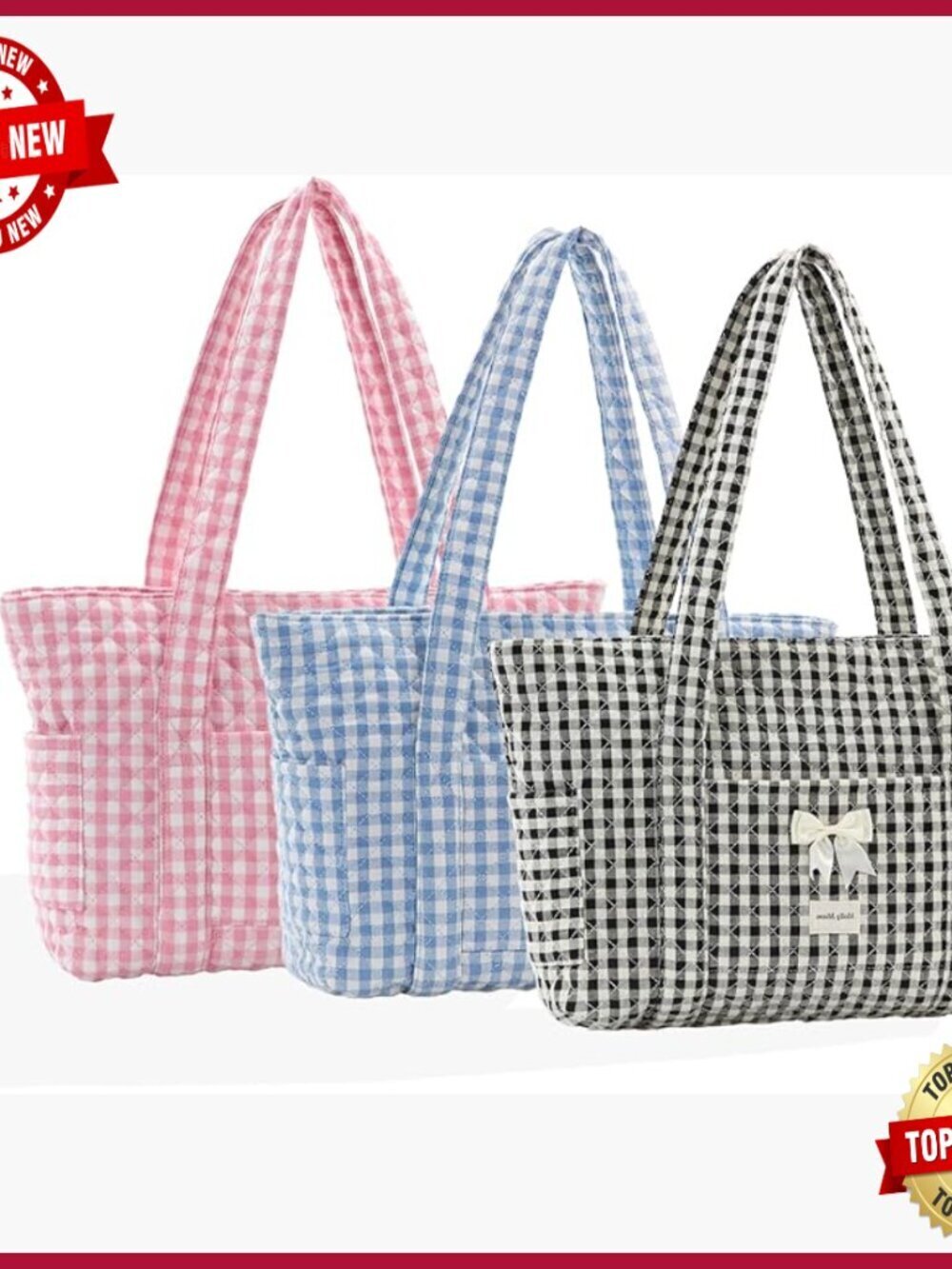 Quilted Gingham Tote Bag Set, Lightweight Nylon, Multi-Pocket Design